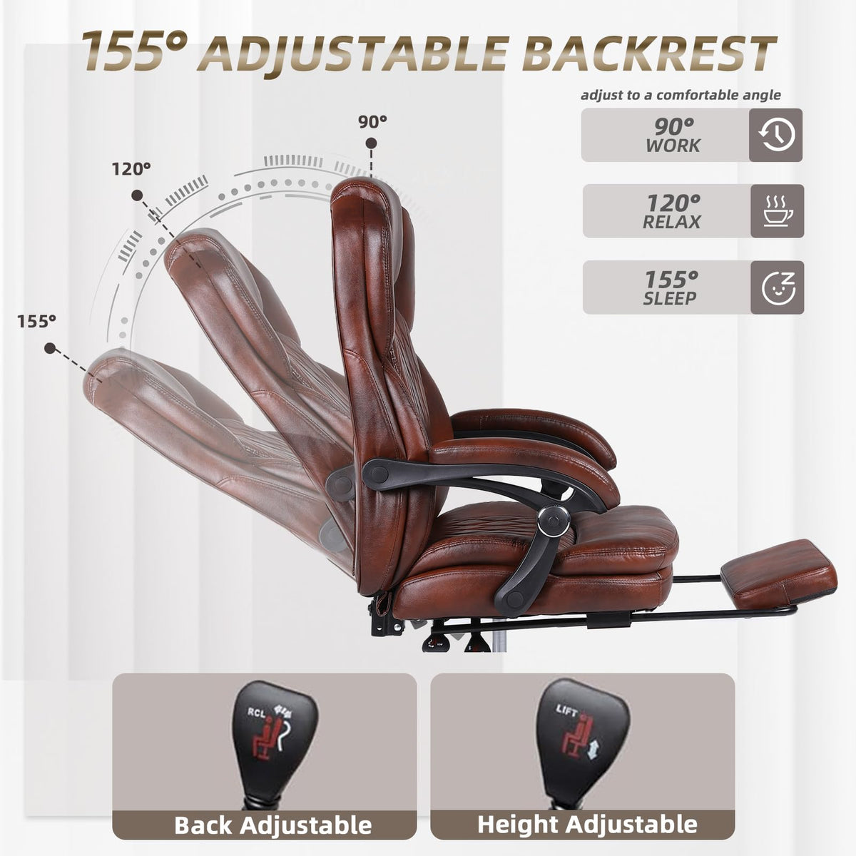 Big and Tall Brown PU Leather Reclining Office Chair with Foot Rest U165197