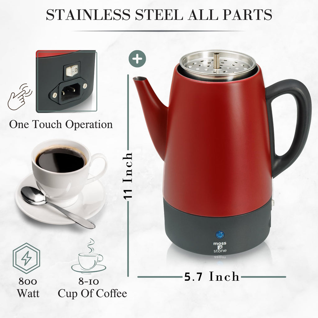 Red 10 Cups Electric Coffee Percolator with 3 Glass Cups T890