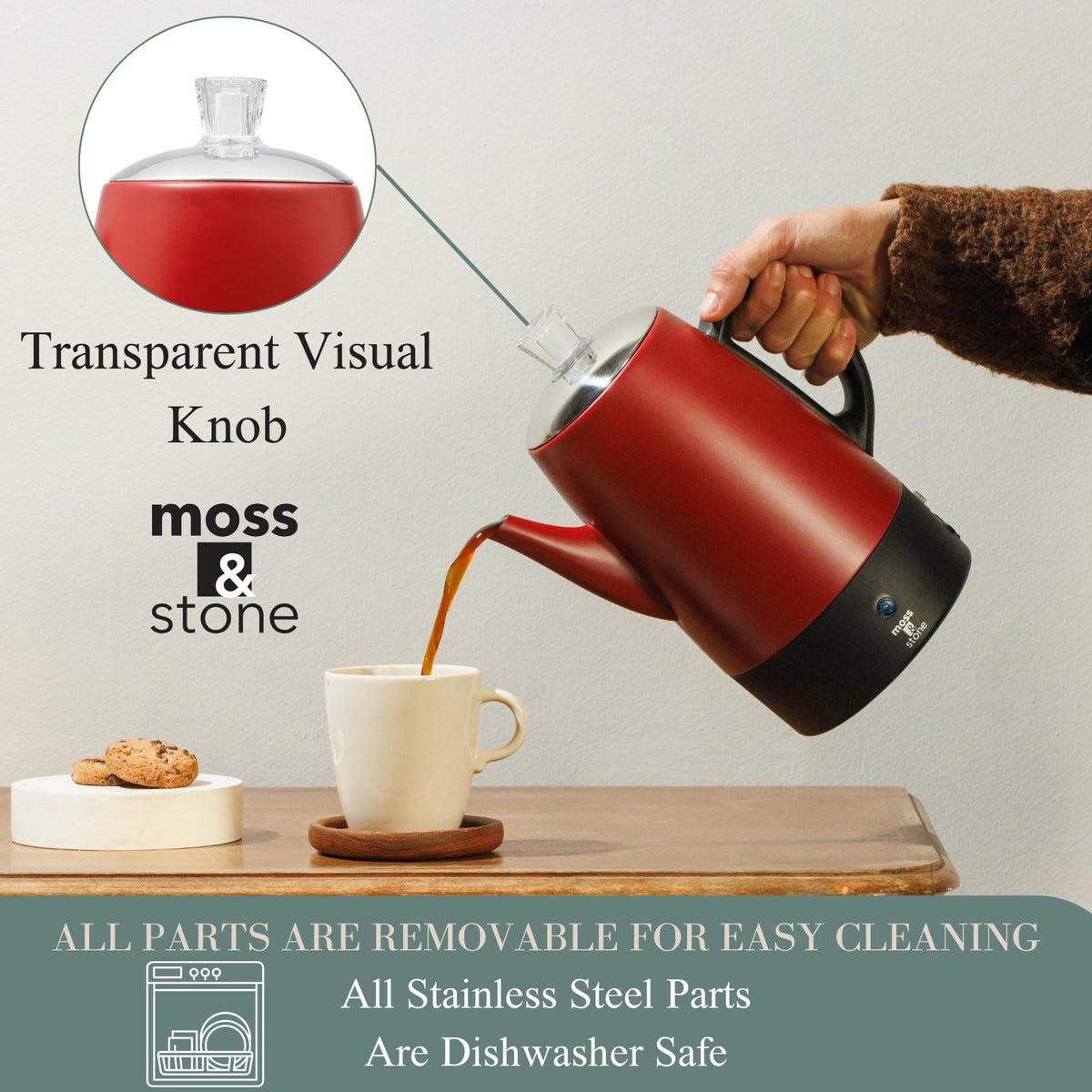 Red 10 Cups Electric Coffee Percolator with 3 Glass Cups T890