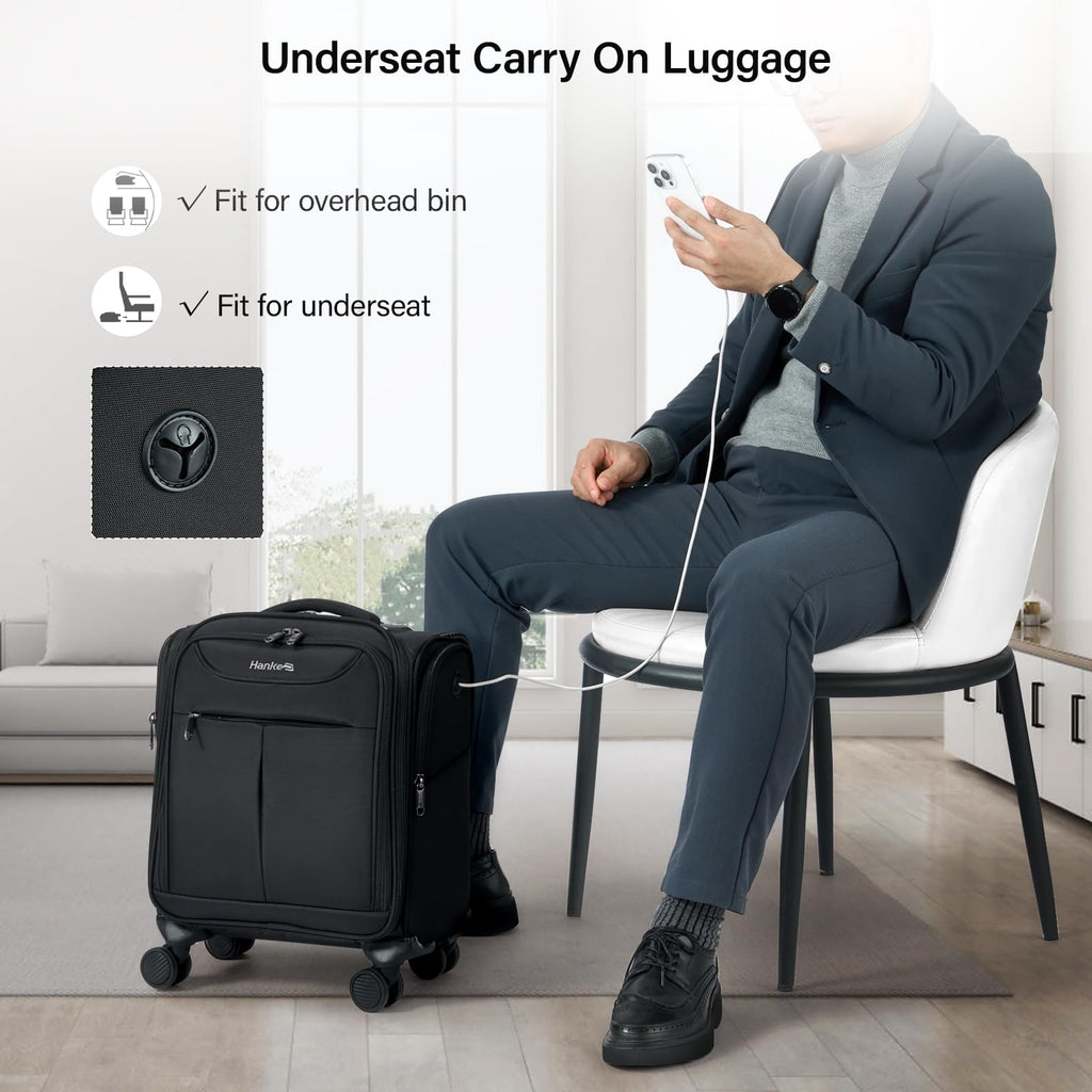 Black 16 Inch Underseat Carry On Luggage with Spinner Wheels J44110