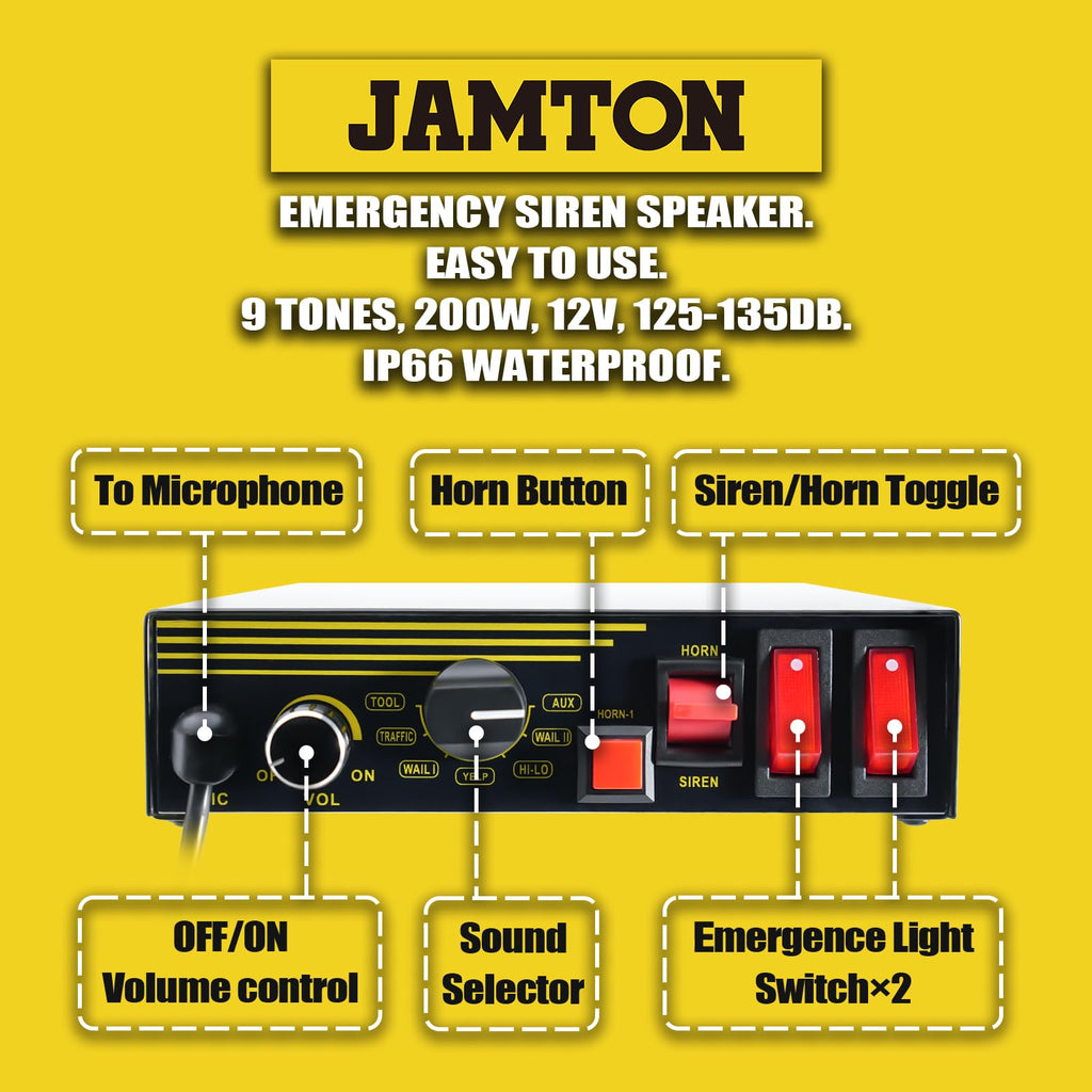 200W 12V 9 Tone Emergency Siren System with Loud Speaker Horn and Handheld Microphone U2574