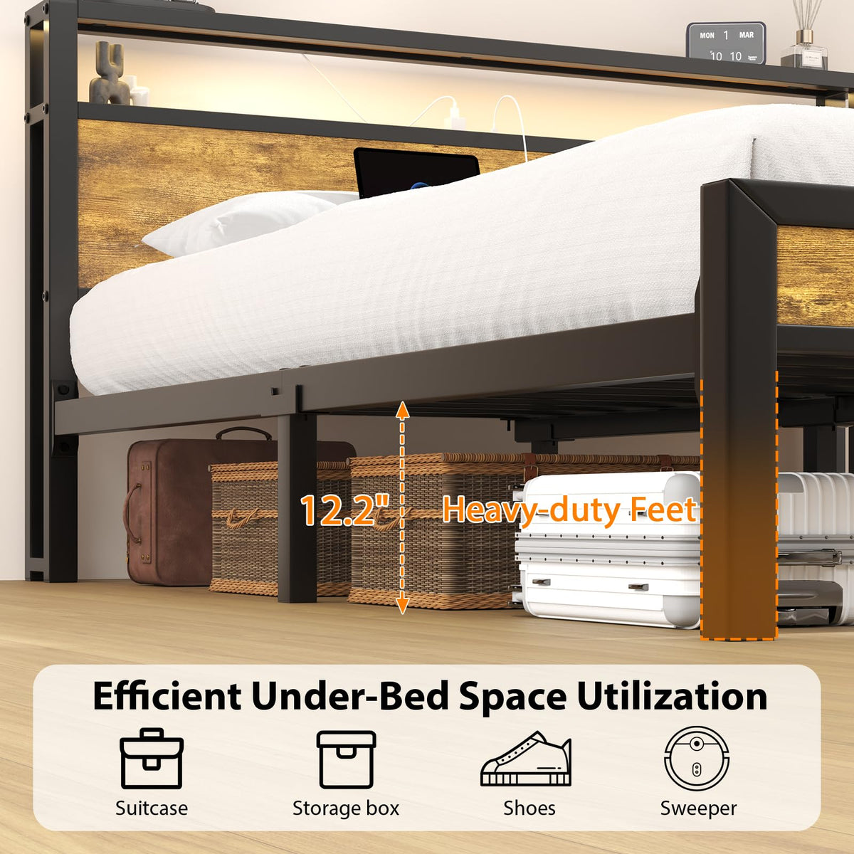 King Size Bed Frame with Storage Headboard ＆ LED Light R85029