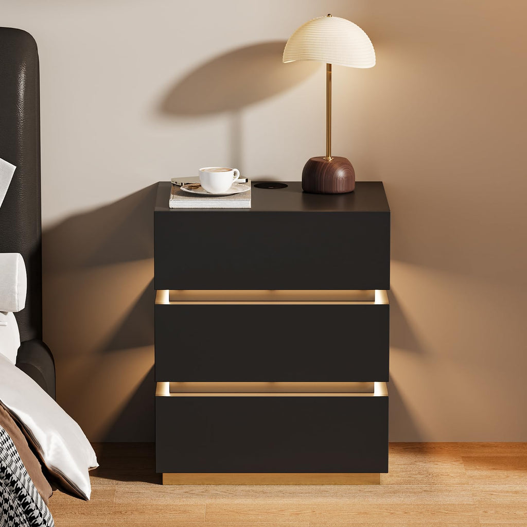 Black Set of 2 Nightstand with Wireless Charging and 3 Drawers Z823