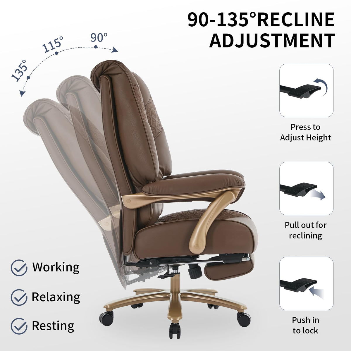 Big and Tall Ergonomic Office Chair with Footrest, 400LBS Capacity Brown PU Leather V90387