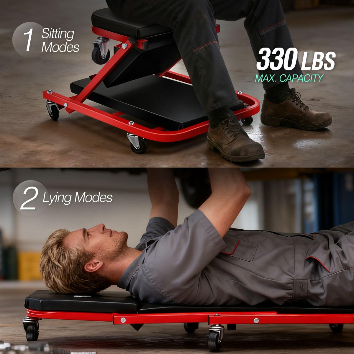 40 Inches 2 IN 1 Rolling Folding Car Creeper/Seat Red I7555