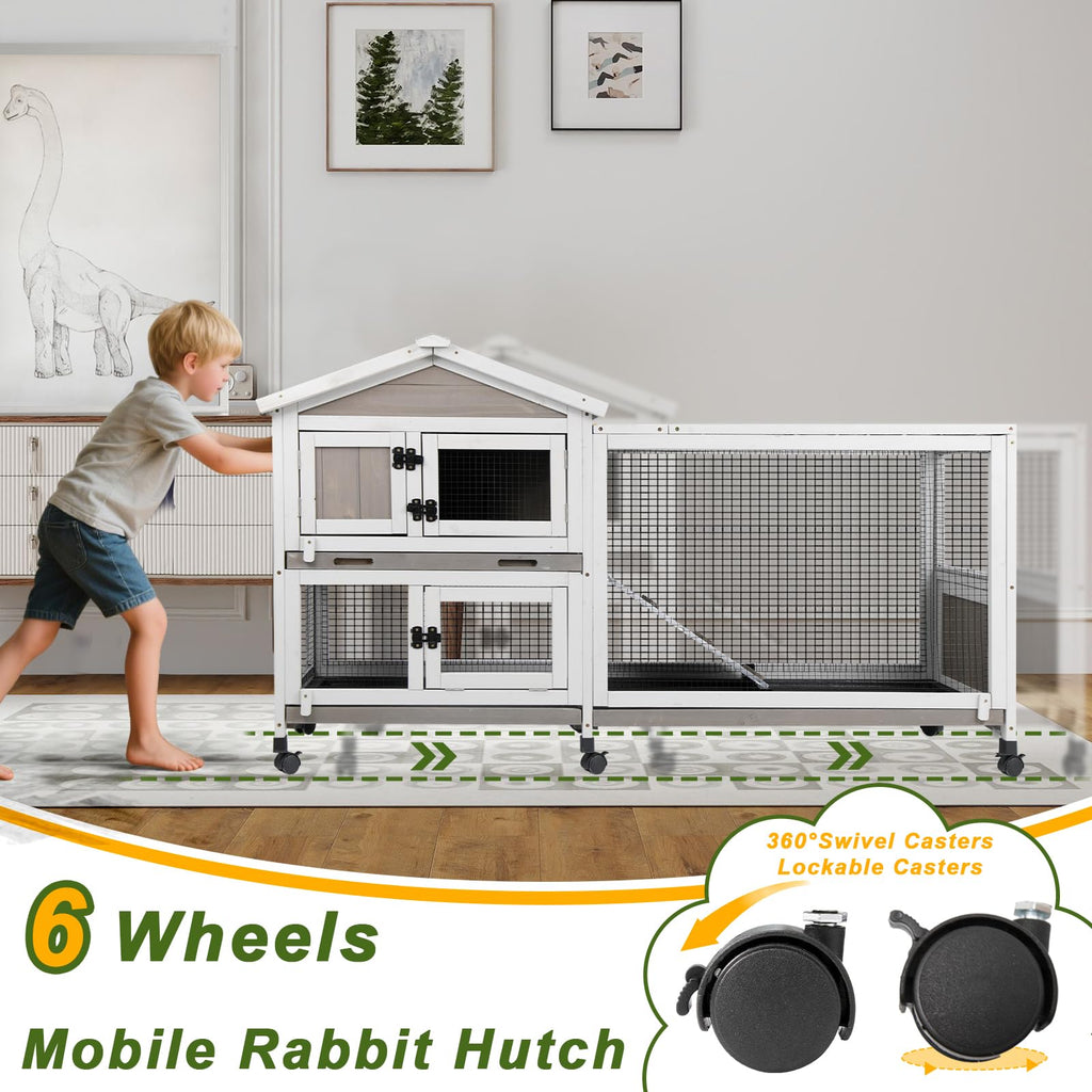 Large Rabbit Hutch with Run 2-Story Bunny Cage 6 Wheels P3064