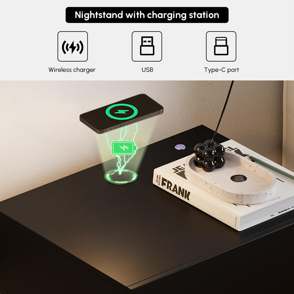 Black Set of 2 Nightstand with Wireless Charging and 3 Drawers Z823