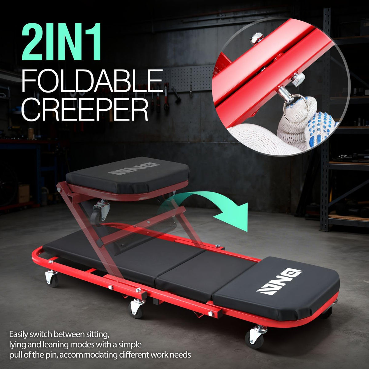 40 Inches 2 IN 1 Rolling Folding Car Creeper/Seat Red I7555