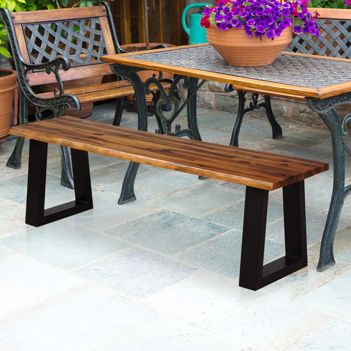 57.5" Live Edge Acacia Wood Outdoor Dining Bench with Metal Legs S66798