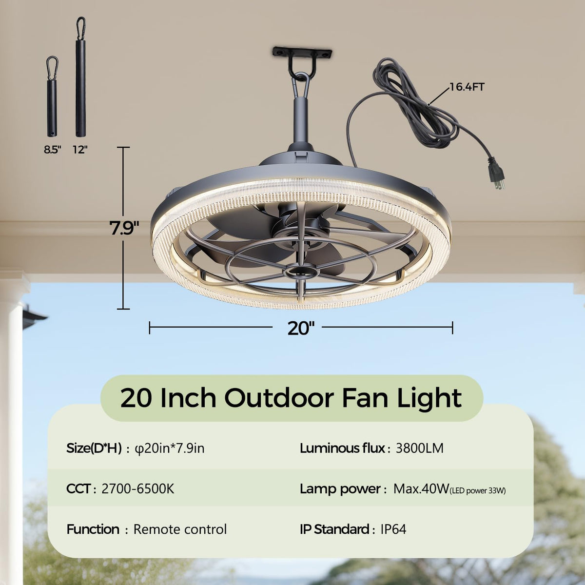 20" Outdoor Ceiling Fan with Light P2367