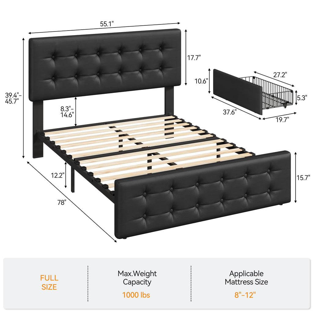 Full Size Bed Frame with 4 Storage Drawers and Headboard, Black K747