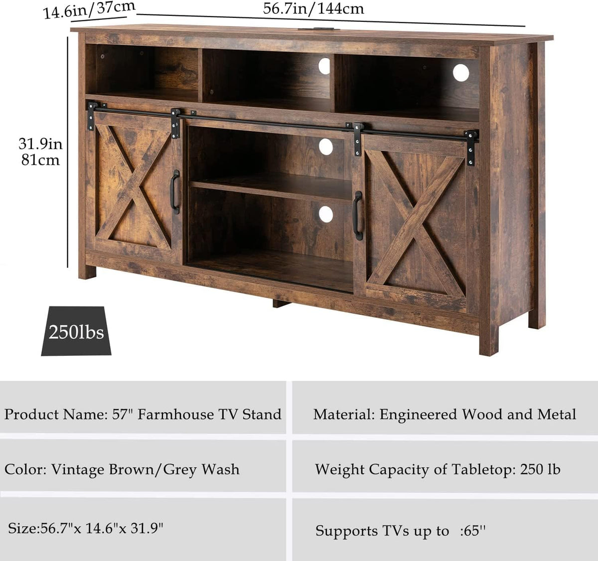 57In Wooden Farmhouse TV Stand with Sliding Barn Door T3489