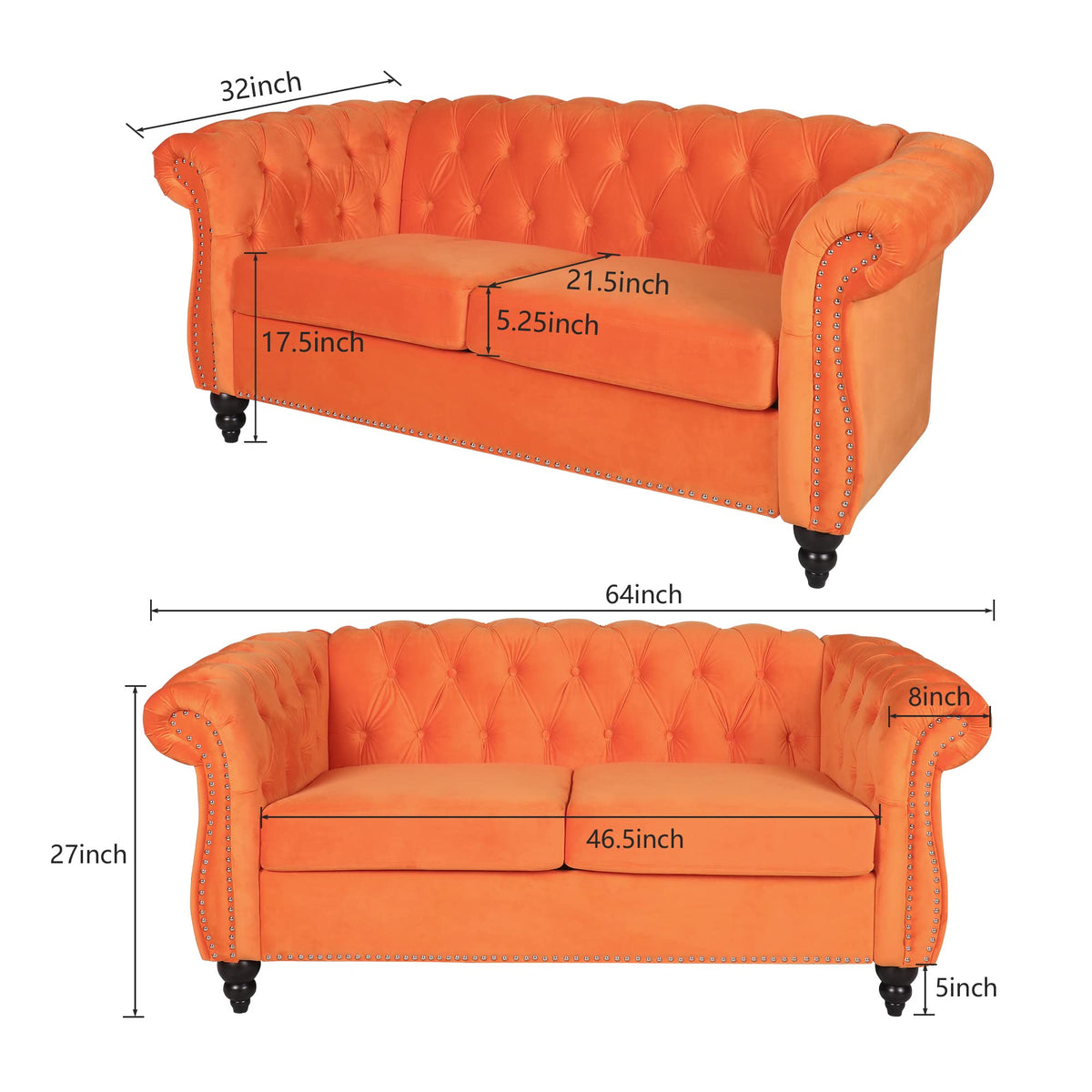 Orange Velvet Chesterfield Loveseat Sofa H4238