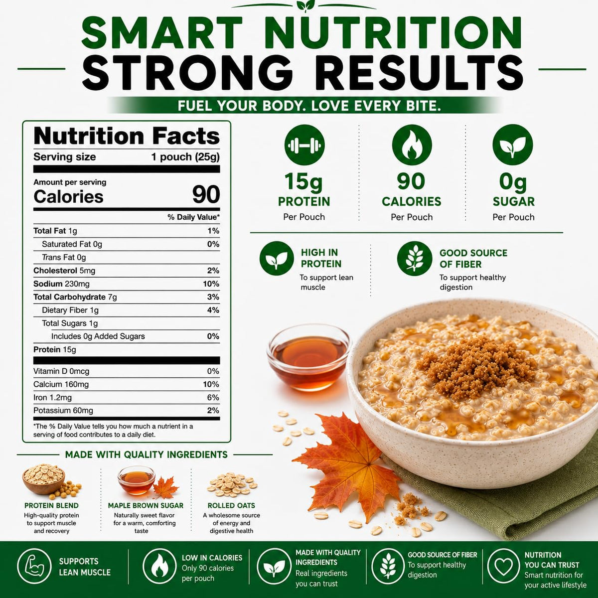 High Protein Instant Oatmeal Mix, 15g Protein, 7 Servings, Maple Brown Sugar F783