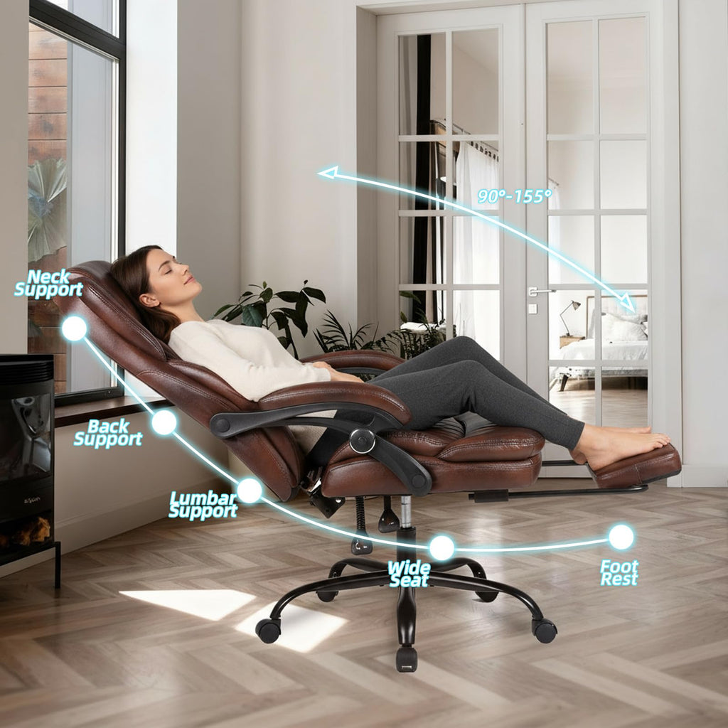Big and Tall Brown PU Leather Reclining Office Chair with Foot Rest U165197