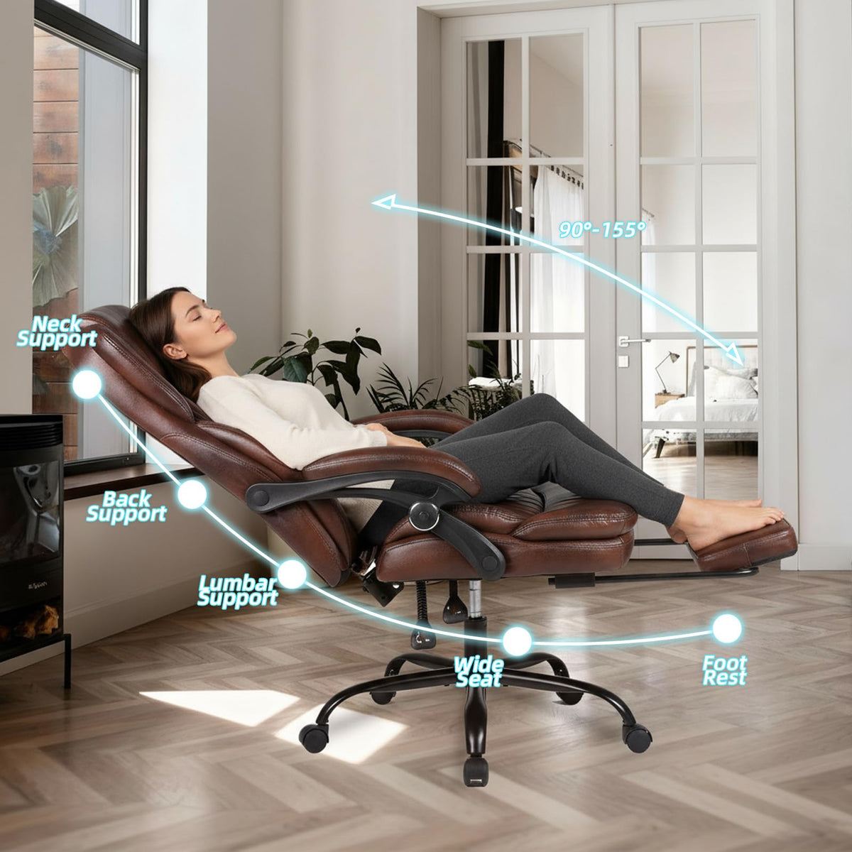 Big and Tall Brown PU Leather Reclining Office Chair with Foot Rest U165197