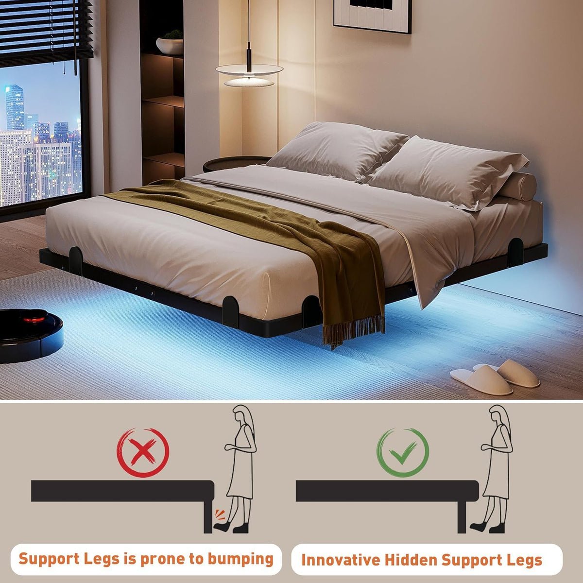 14 Inch Full Bed Frame with LED Lights and Charging Station J449