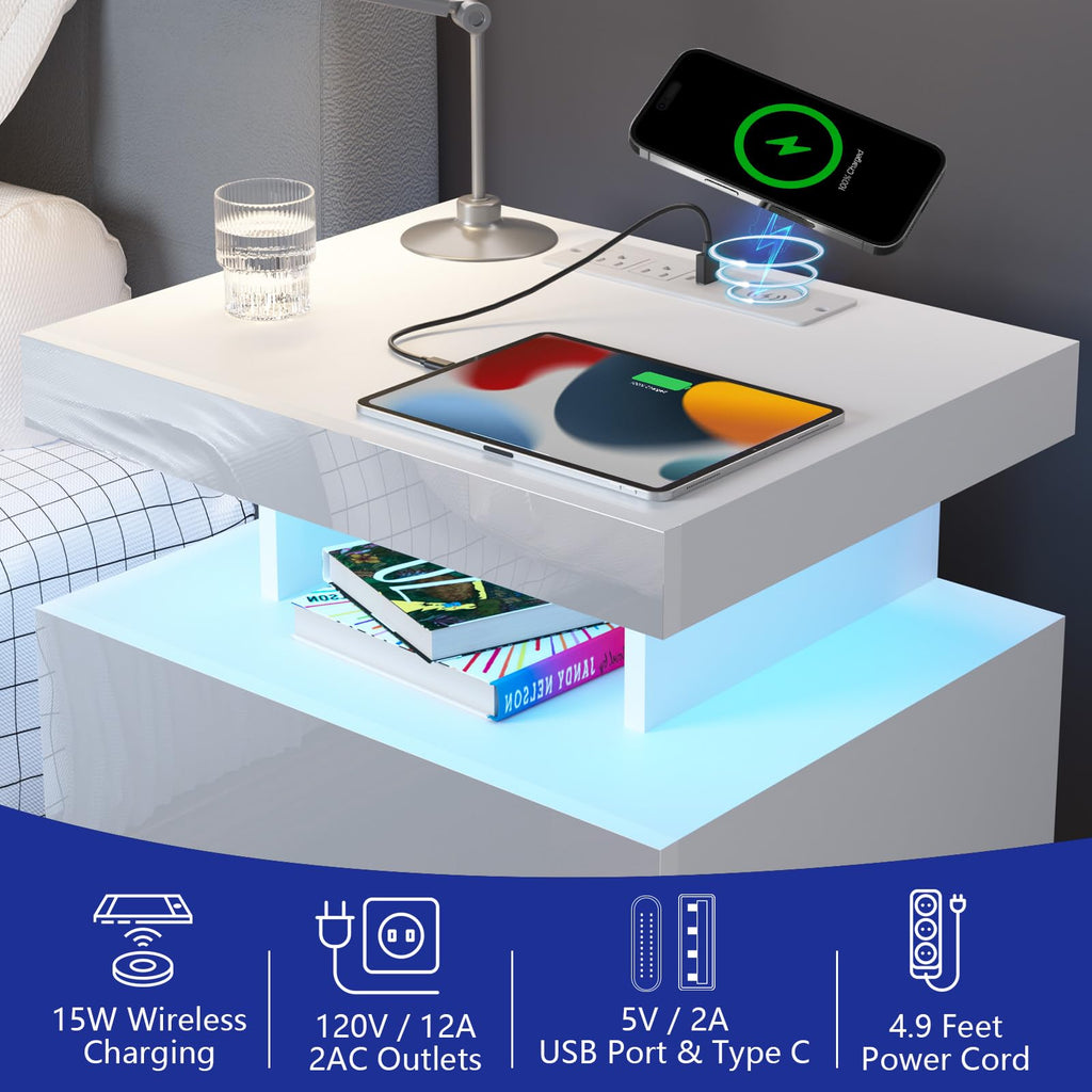 White High Gloss 2 Drawer Nightstand with LED Light E620