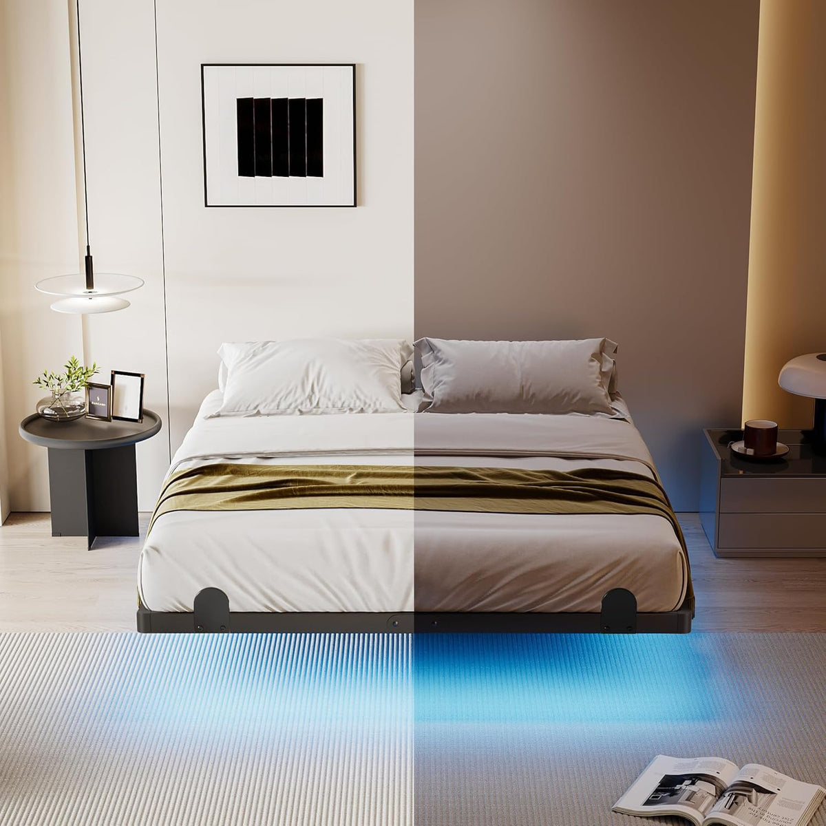 14 Inch Full Bed Frame with LED Lights and Charging Station J449