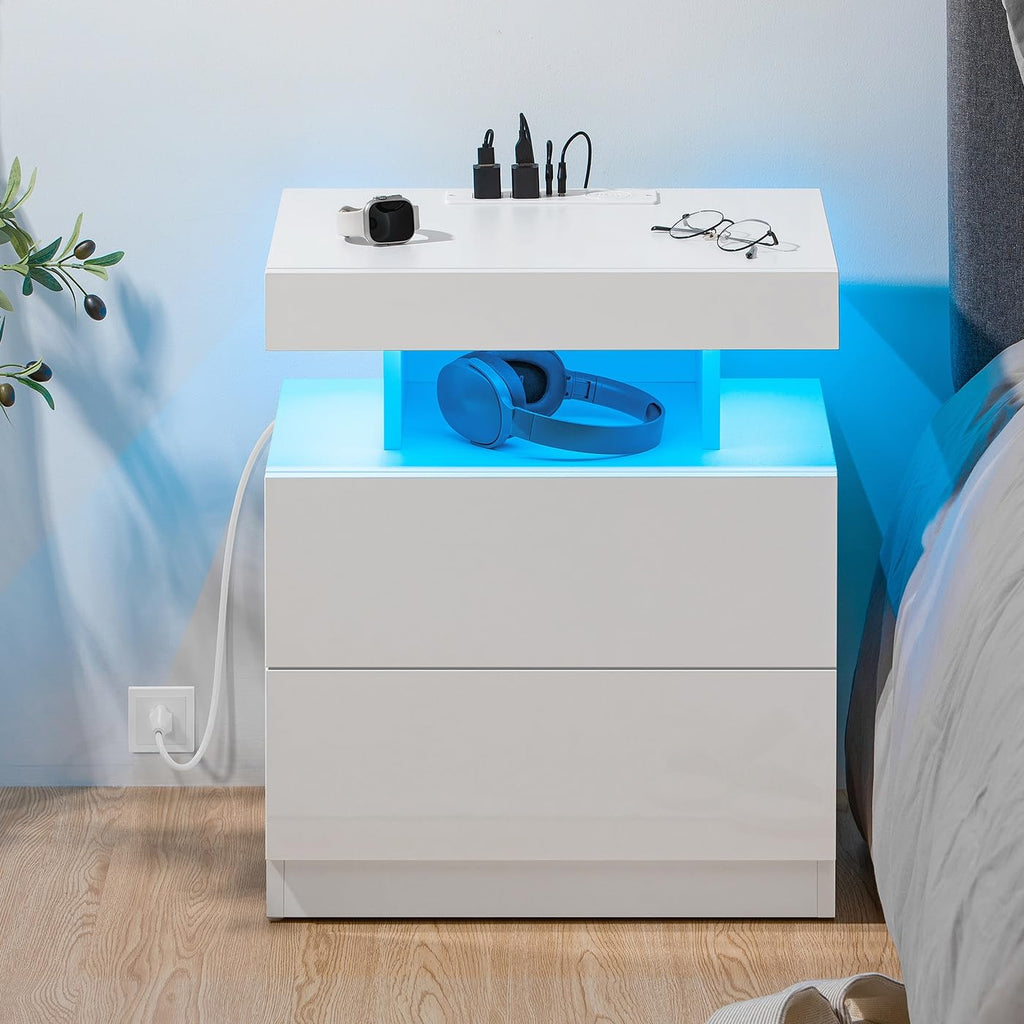 White High Gloss 2 Drawer Nightstand with LED Light E620