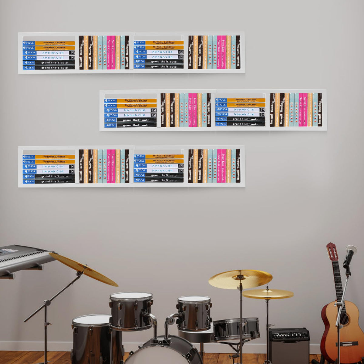 34 Inch Wall Mount Media Storage Rack, 3 pcs CD DVD Organizer Metal Shelf, White S307760