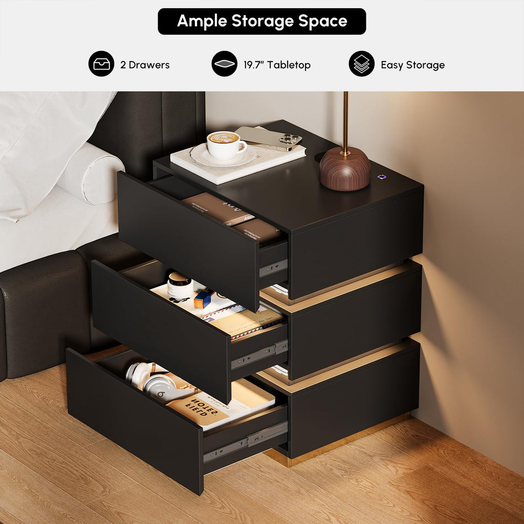 Black Set of 2 Nightstand with Wireless Charging and 3 Drawers Z823