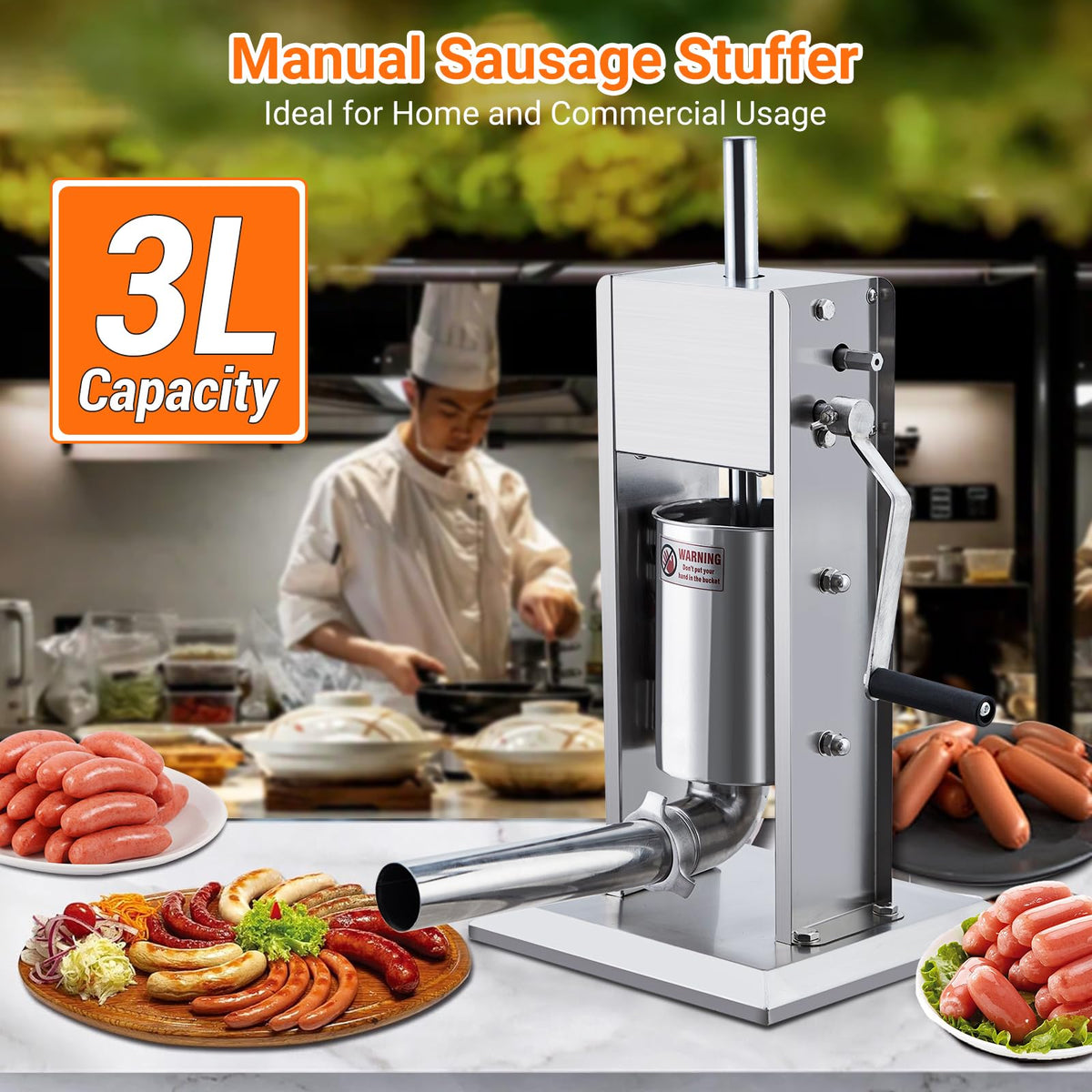 Manual 7LB Stainless Steel Sausage Stuffer with 4 Stuffing Tubes X423