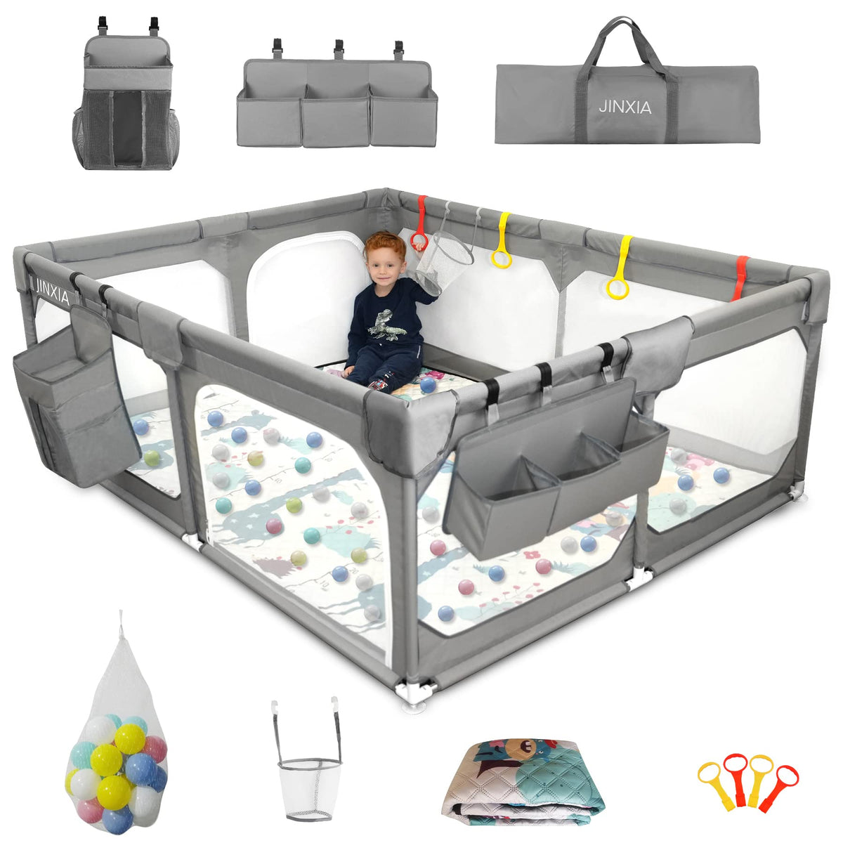 75" x 59" Grey Baby Playpen with Mat M870
