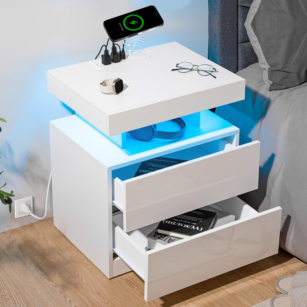 White High Gloss 2 Drawer Nightstand with LED Light E620