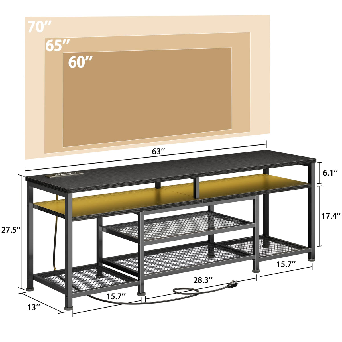 63 Inch TV Stand with Power Outlets & LED Lights, Black X74603