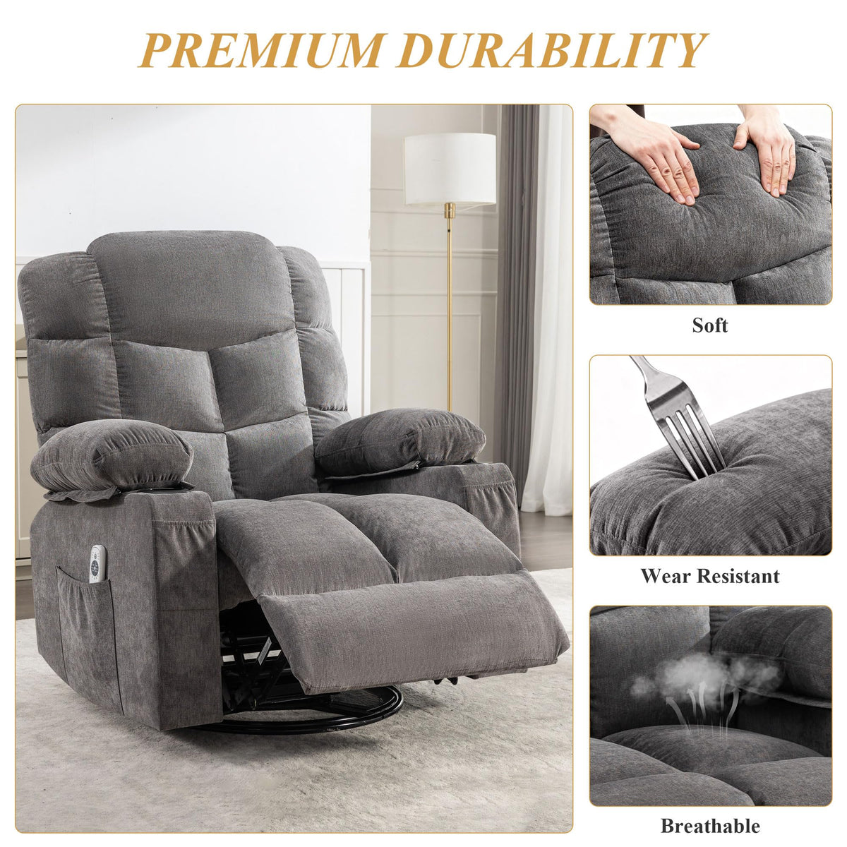 Swivel Rocker Recliner Chair with Massage and Heat B8967