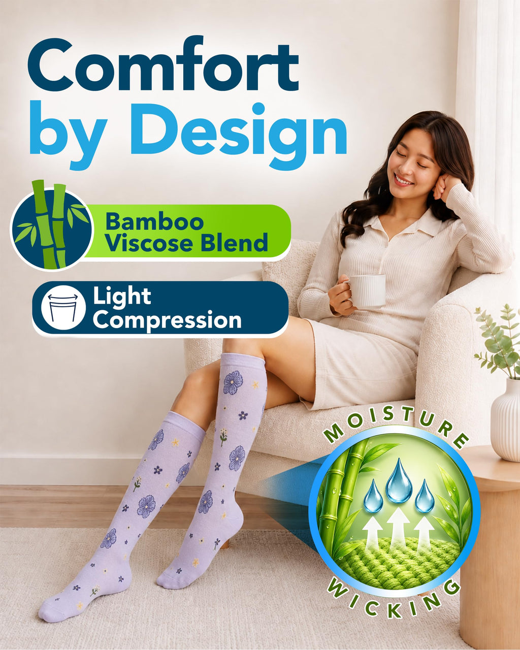 Bamboo Viscose 8-15 mmHg Knee High Compression Socks 3 Pairs K3981