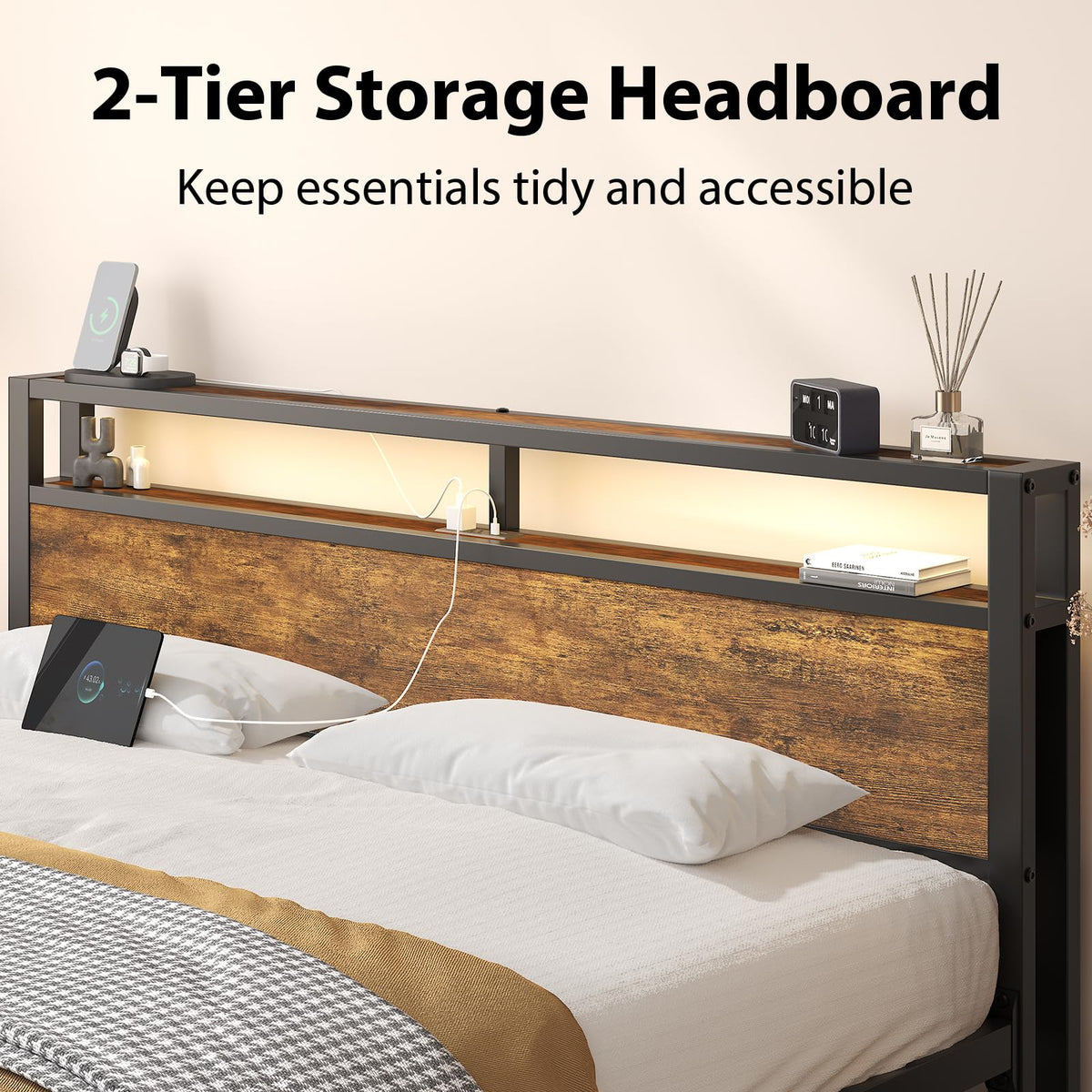 King Size Bed Frame with Storage Headboard ＆ LED Light R85029