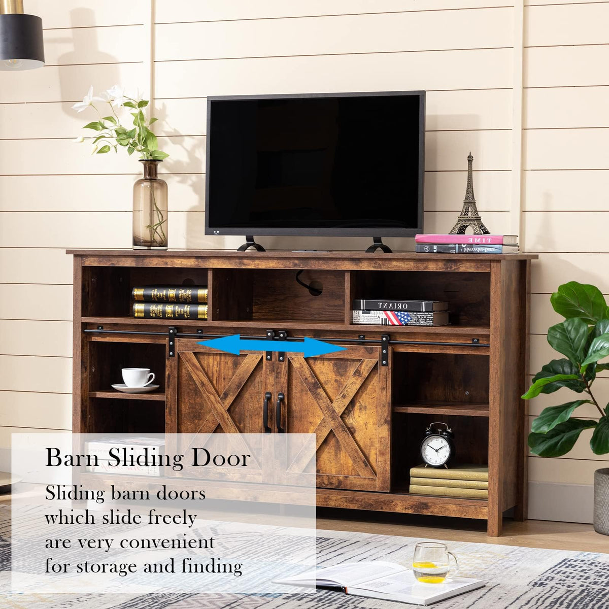 57In Wooden Farmhouse TV Stand with Sliding Barn Door T3489