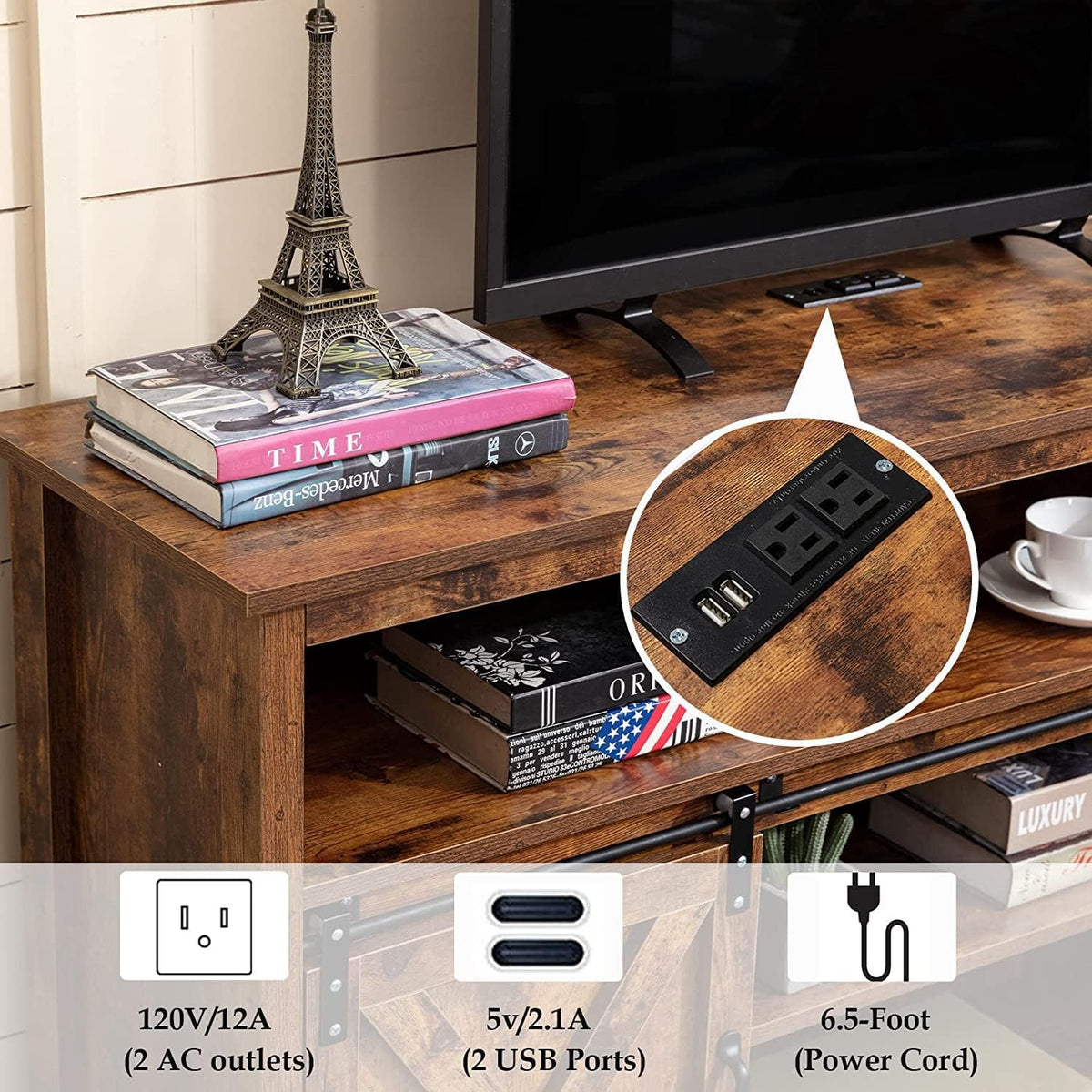 57In Wooden Farmhouse TV Stand with Sliding Barn Door T3489