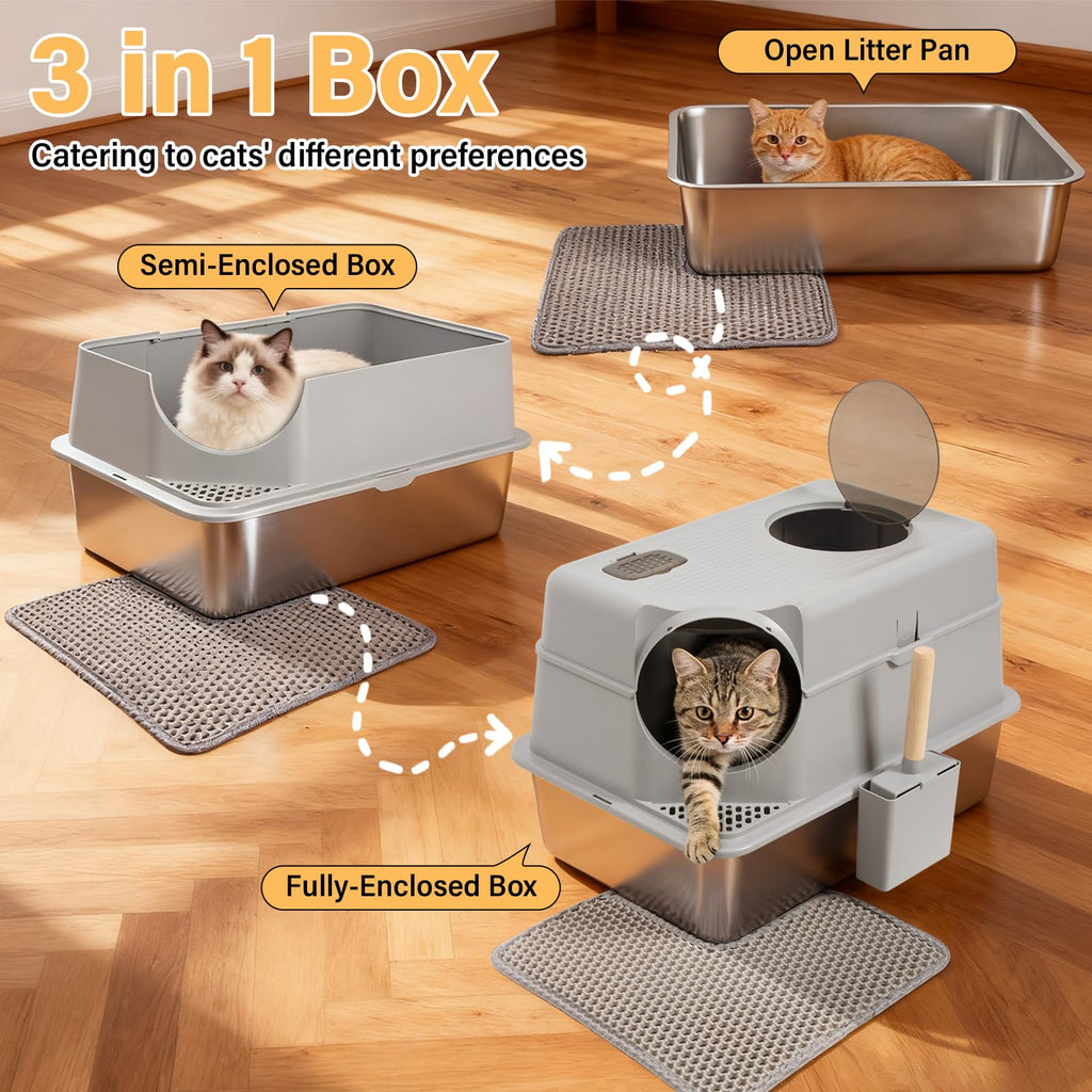 XL Stainless Steel Enclosed Cat Litter Box with Lid T947