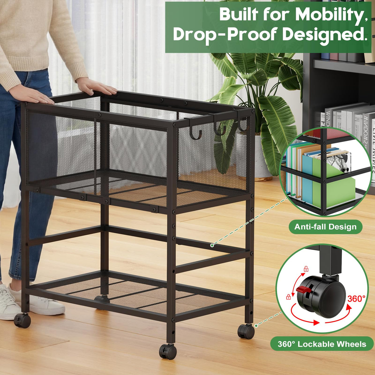 Black 2-Tier Rolling Metal File Cart with Storage Shelf N2011