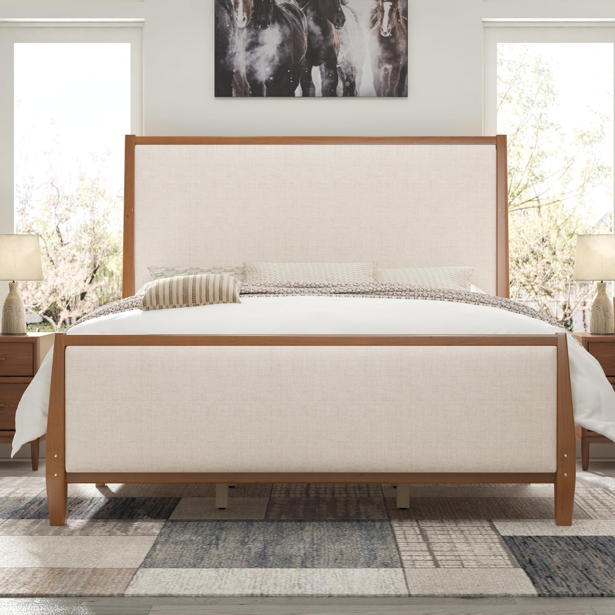 Solid Wood California King Size Bed Frame with Upholstered Headboard & Footboard S4121
