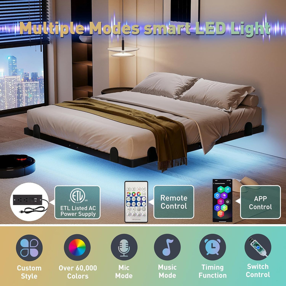 14 Inch Full Bed Frame with LED Lights and Charging Station J449