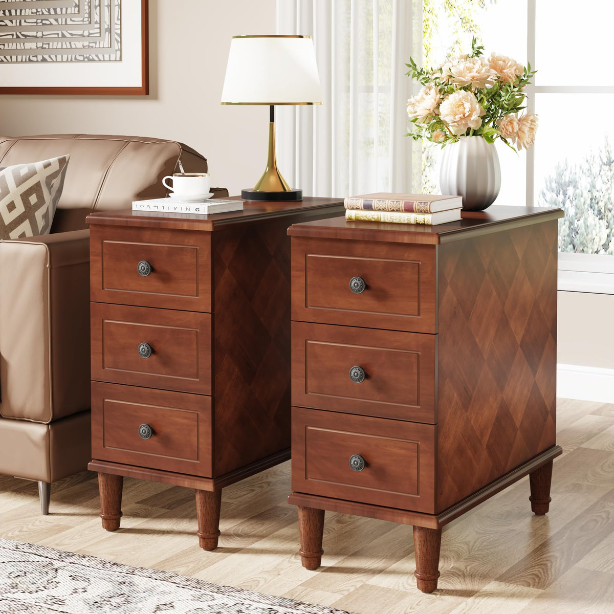 Solid Wood End Table Set of 2 with Drawers D3635
