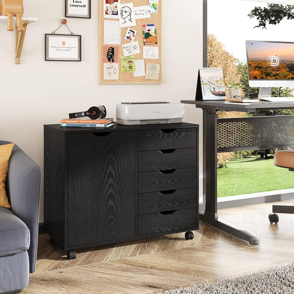 Black 5 Drawer Wood Storage Cabinet with Wheels F108