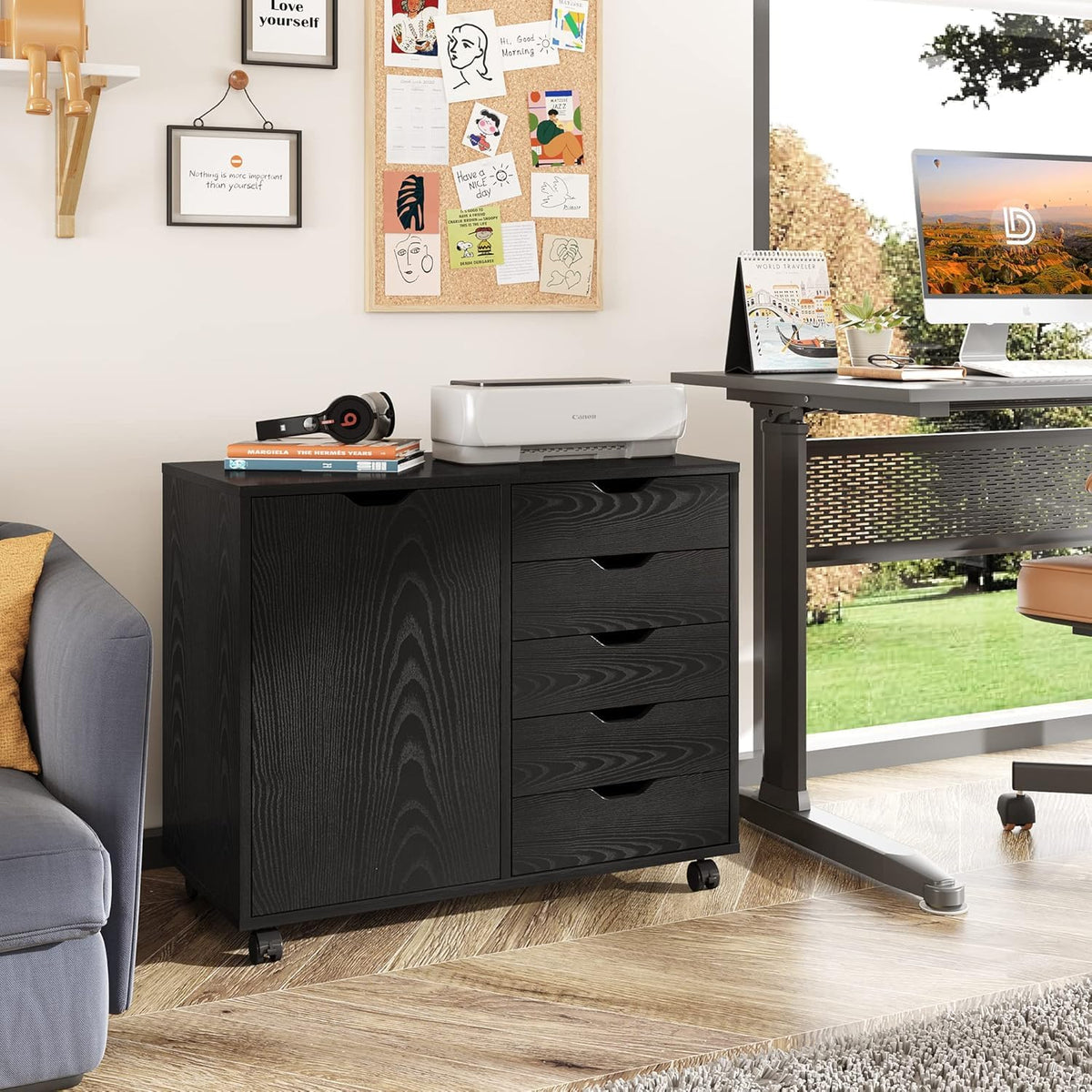 Black 5 Drawer Wood Storage Cabinet with Wheels F108