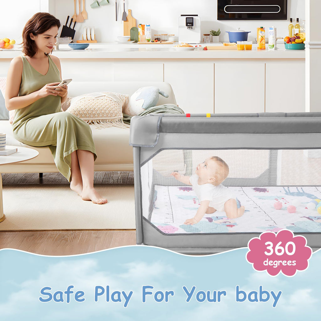 75" x 59" Grey Baby Playpen with Mat M870