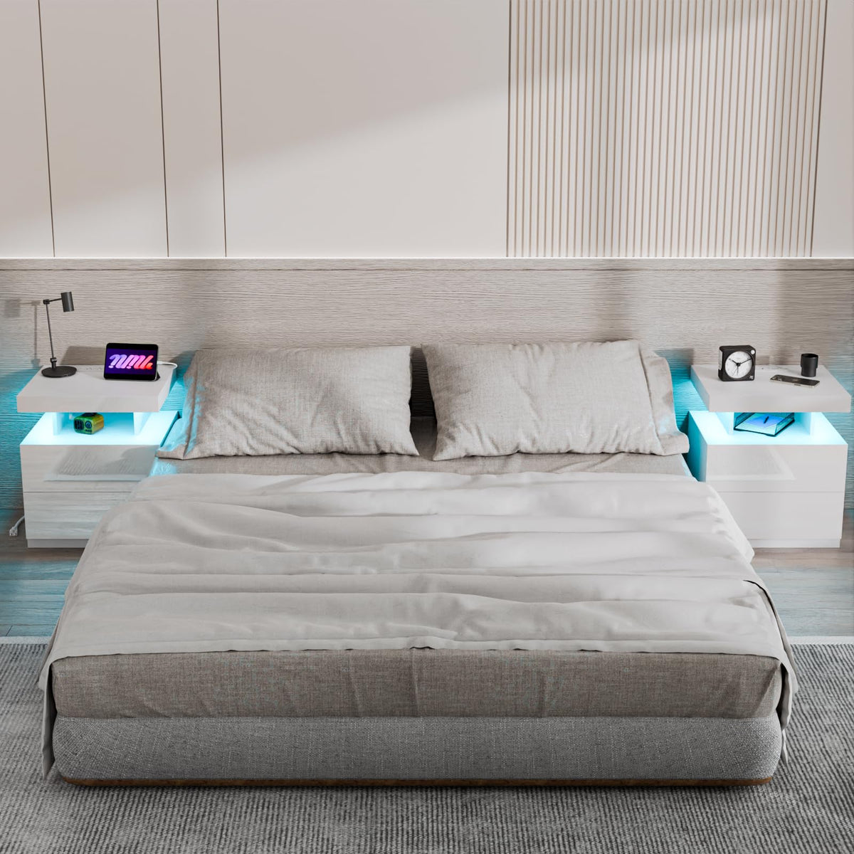 White High Gloss 2 Drawer Nightstand with LED Light E620