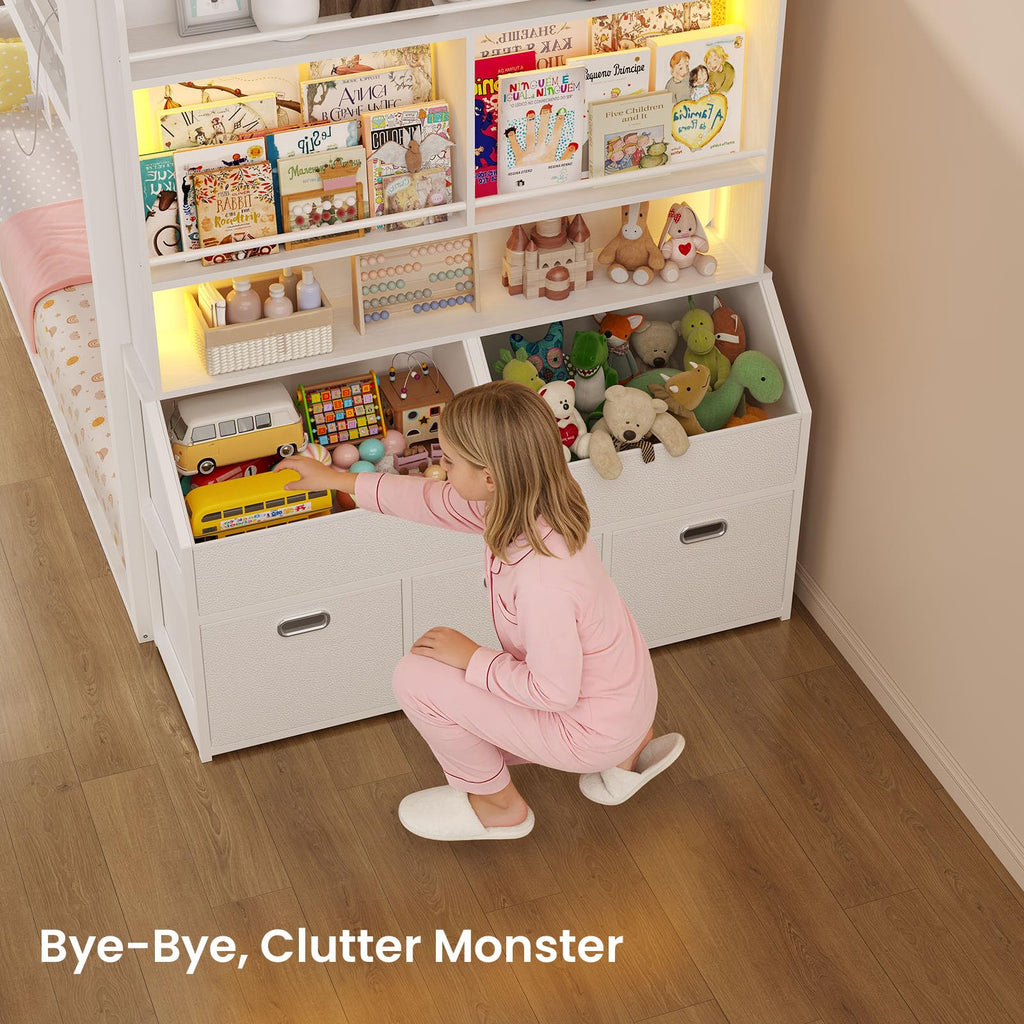 Twin Over Twin Bunk Bed with Bookshelf and Drawers S107