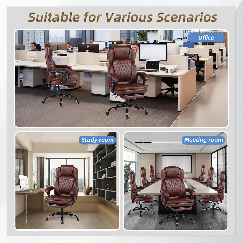 Big and Tall Brown PU Leather Reclining Office Chair with Foot Rest U165197