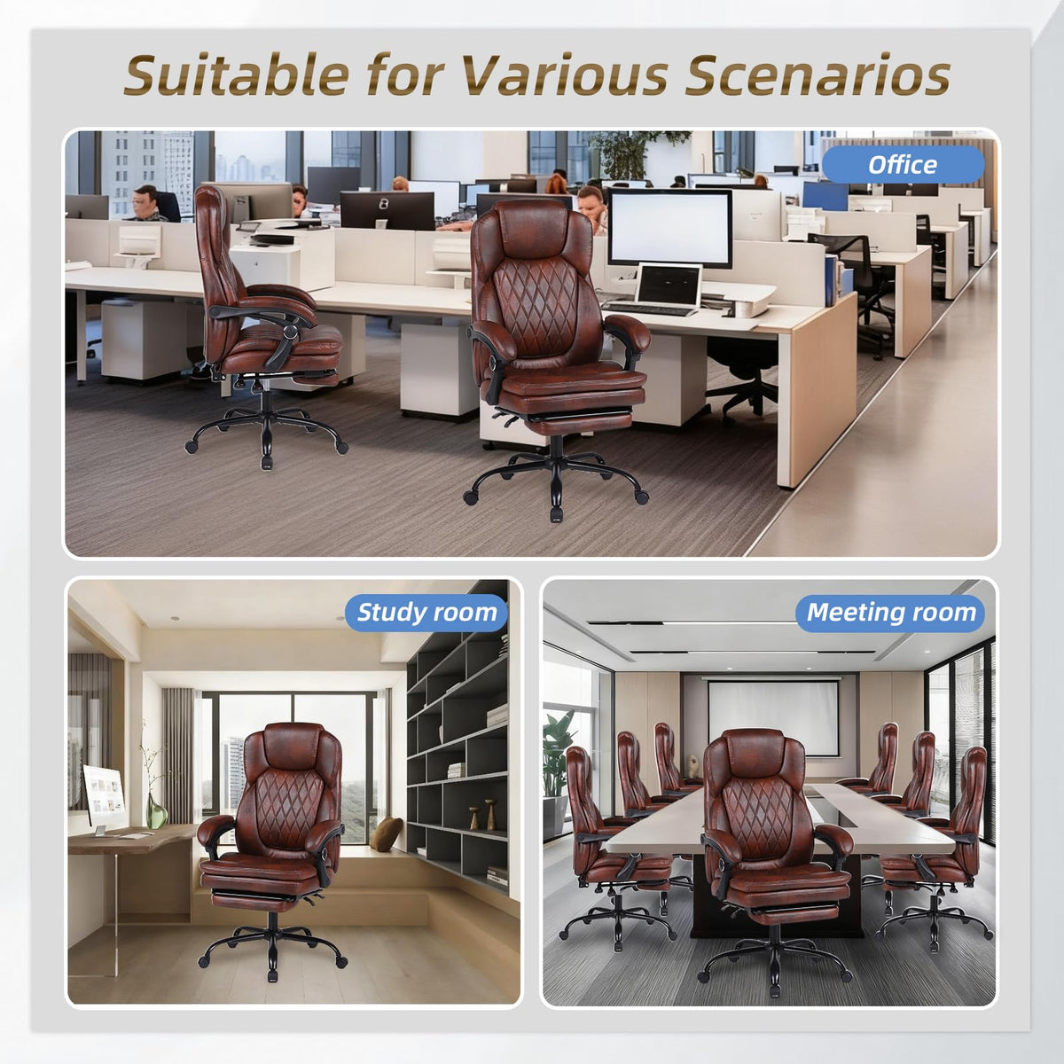 Big and Tall Brown PU Leather Reclining Office Chair with Foot Rest U165197