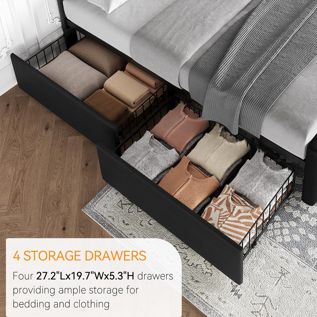 Full Size Bed Frame with 4 Storage Drawers and Headboard, Black K747