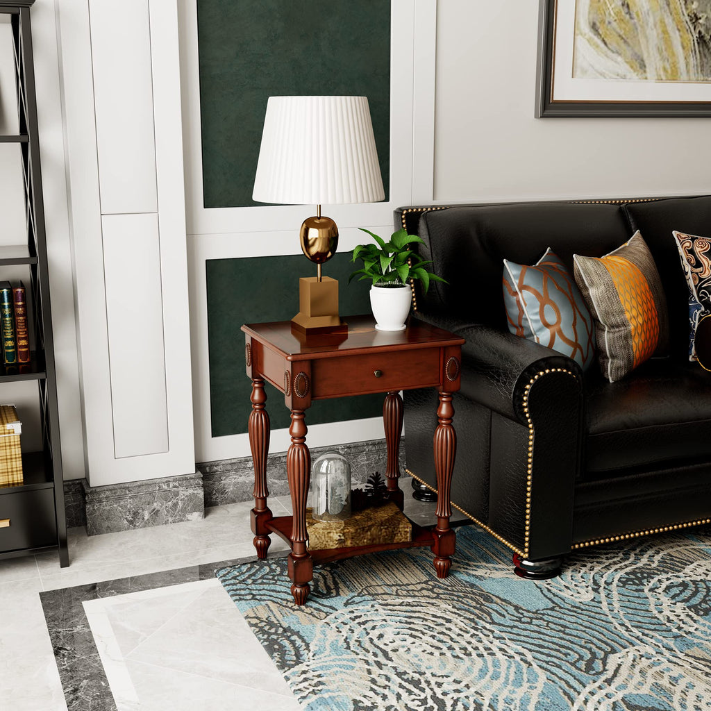 Wood End Table with Drawer and Storage Shelf L4279