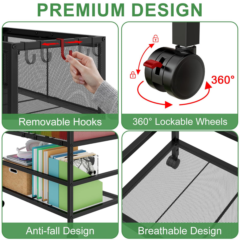 Black 2-Tier Rolling Metal File Cart with Storage Shelf N2011